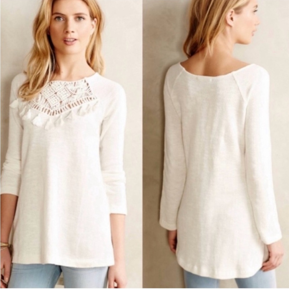 Anthropologie Floreat Macrame Crochet Knit Cotton Long Sleeve Sweater White Sz L